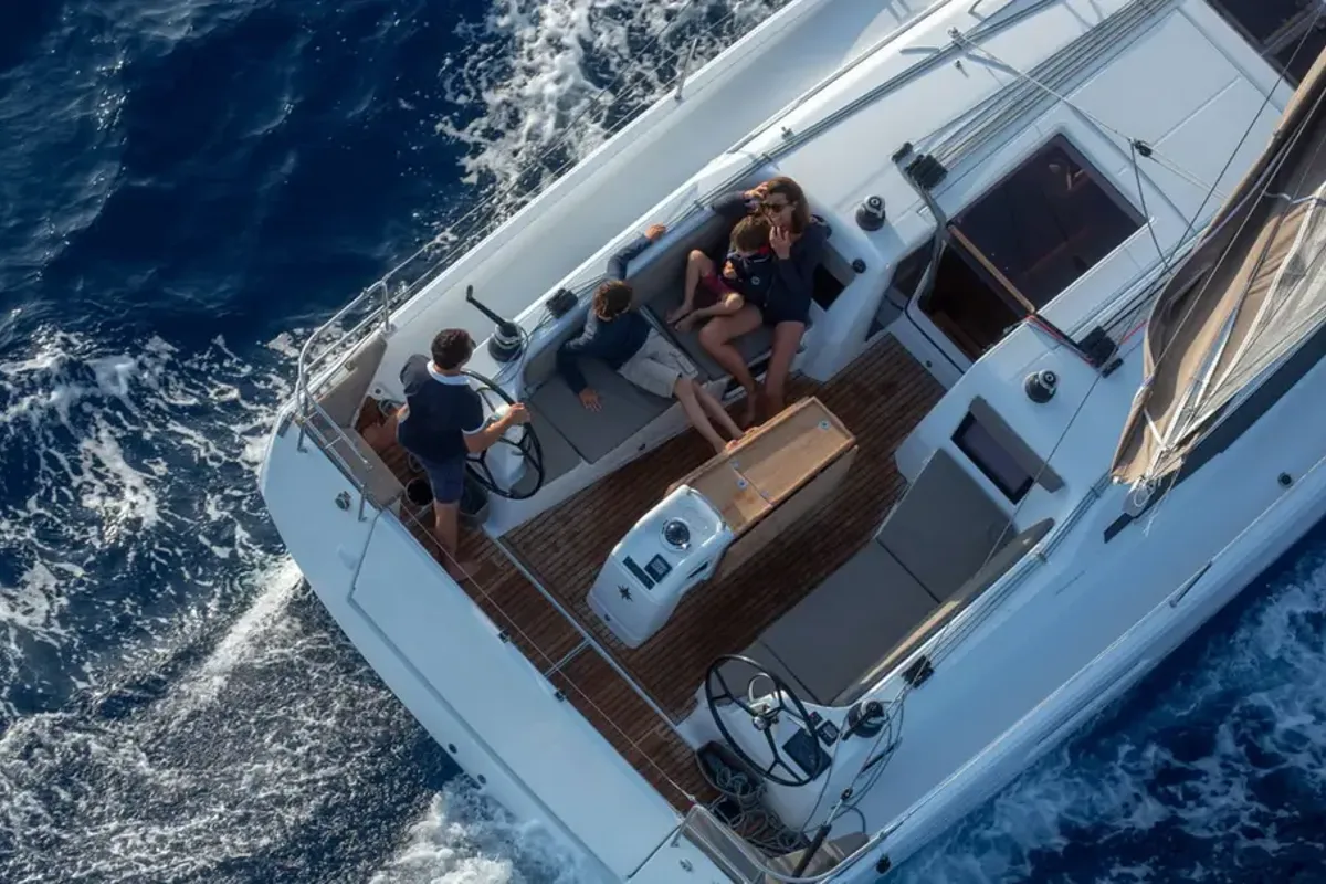 Deck of JIMMY, a Jeanneau Sun Odyssey 410 sailboat at La Favière, France