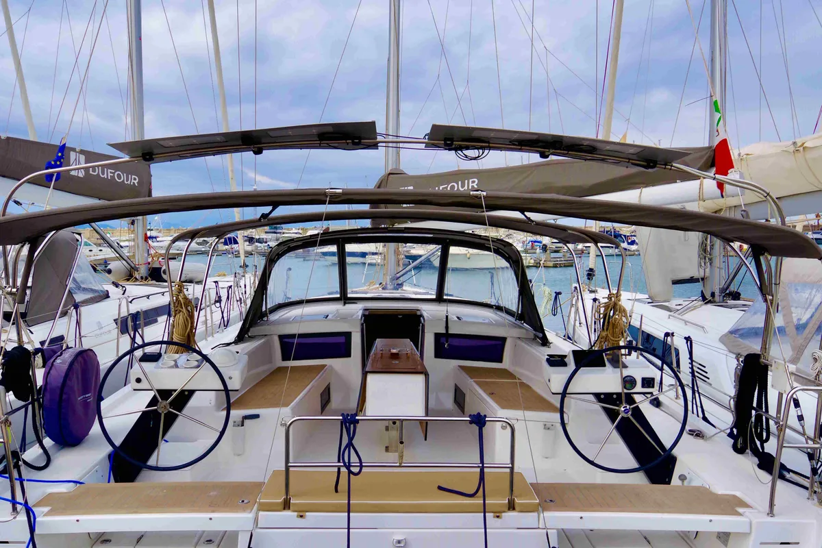 Exterior view of Fortuna, a Dufour 470 sailboat at Castellammare di Stabia, Italy
