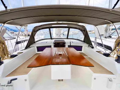 Cockpit of Fortuna, a Dufour 470 sailboat at Castellammare di Stabia, Italy