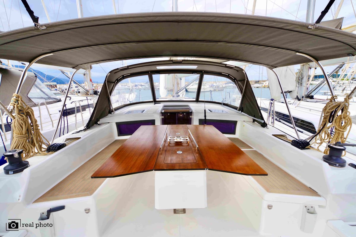 Cockpit of Fortuna, a Dufour 470 sailboat at Castellammare di Stabia, Italy