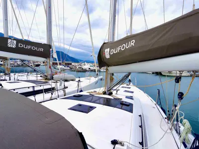 Deck of Fortuna, a Dufour 470 sailboat at Castellammare di Stabia, Italy