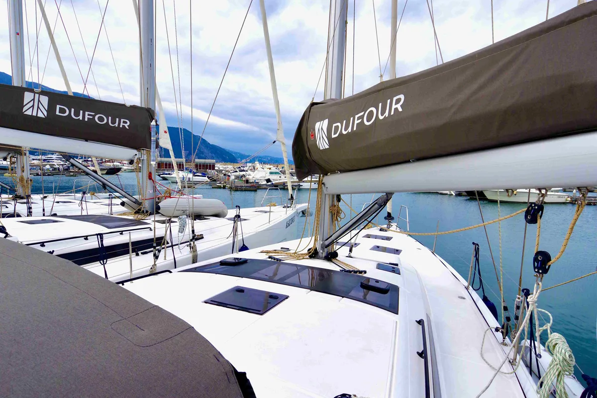 Deck of Fortuna, a Dufour 470 sailboat at Castellammare di Stabia, Italy