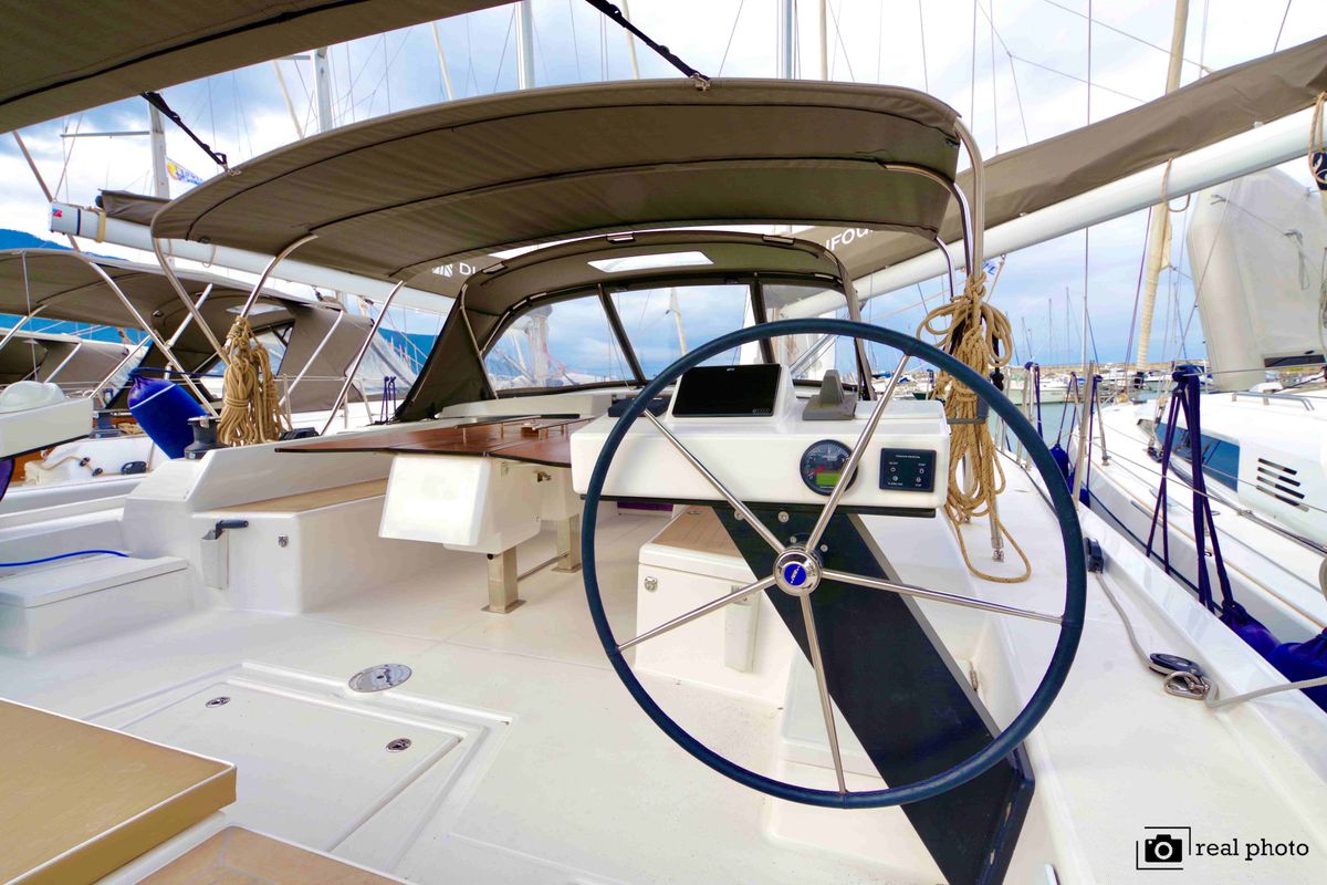 Cockpit of Fortuna, a Dufour 470 sailboat at Castellammare di Stabia, Italy