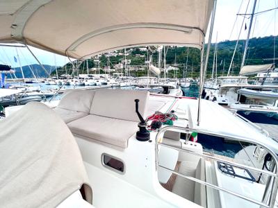 Cockpit of Baraonda, a Lagoon 46 catamaran at Capo d'Orlando, Italy