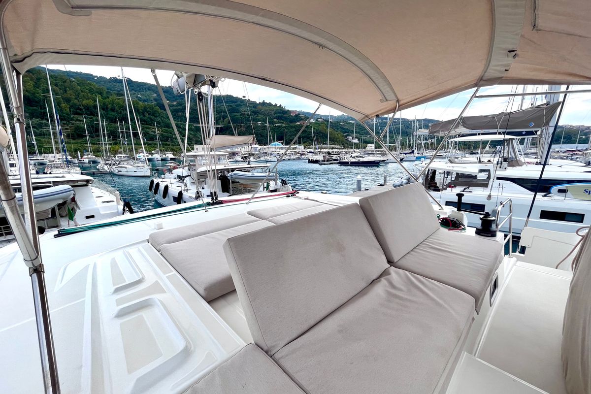 Deck of Baraonda, a Lagoon 46 catamaran at Capo d'Orlando, Italy