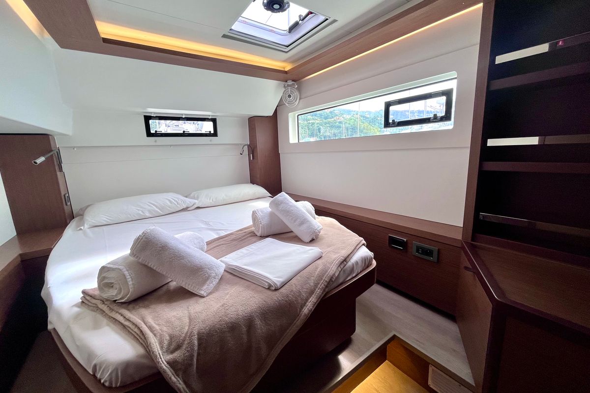 Cabin on Baraonda, a Lagoon 46 catamaran at Capo d'Orlando, Italy