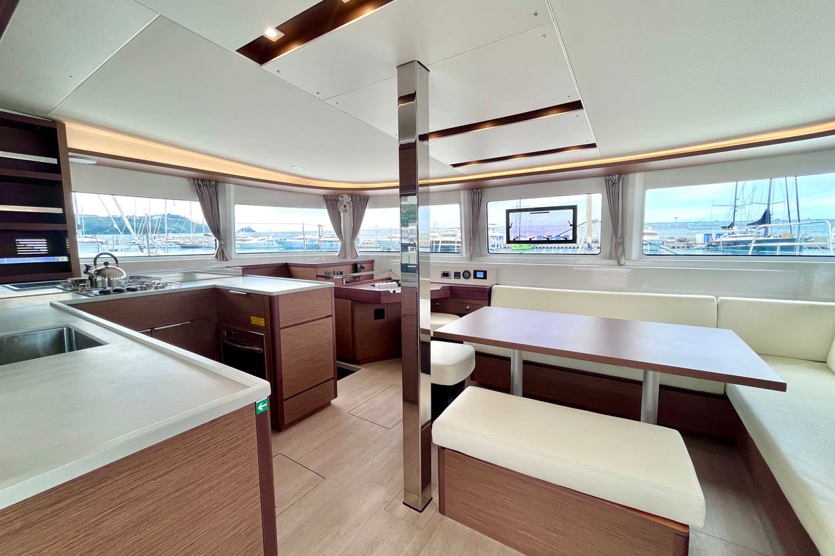 Salon of Baraonda, a Lagoon 46 catamaran at Capo d'Orlando, Italy