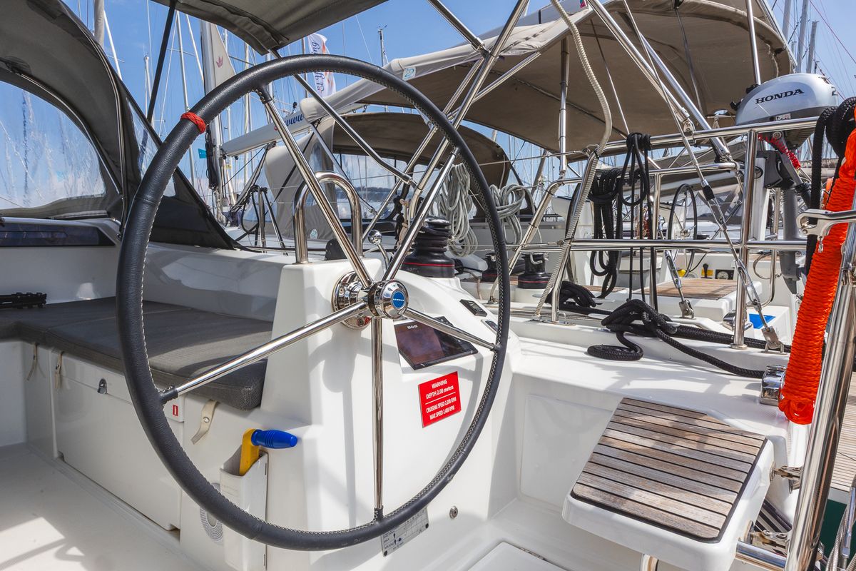 Cockpit of Elma Built 2022, a Beneteau Oceanis 40.1 sailboat at Municipal Unit of Lefkada, Greece