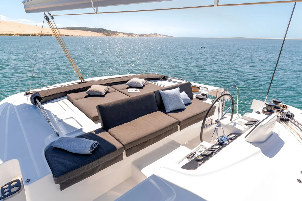 Cockpit of Sbronzo, a Lagoon 46 catamaran at Olbia, Italy