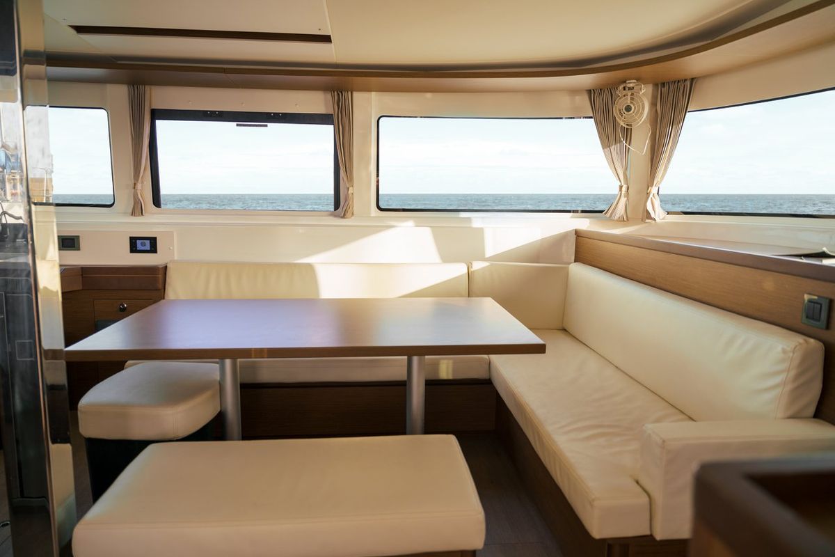 Salon of Sbronzo, a Lagoon 46 catamaran at Olbia, Italy