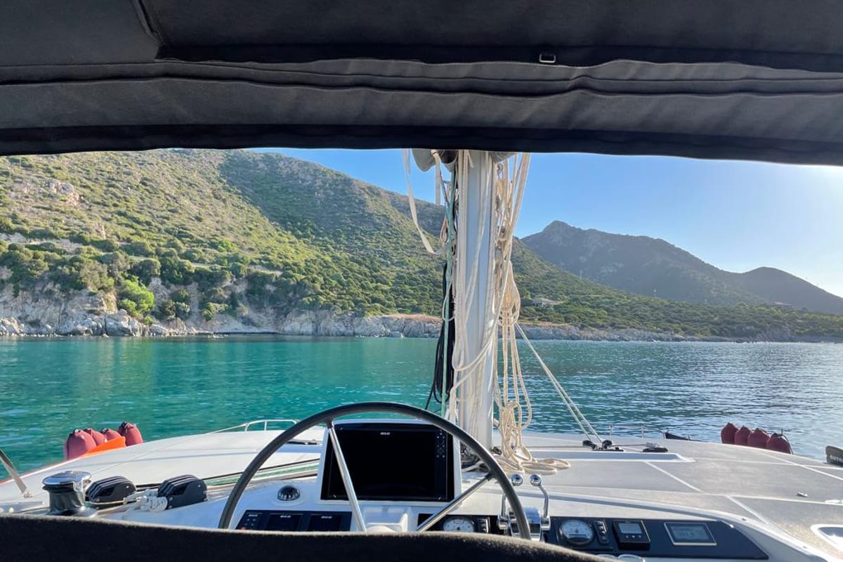 Deck of Sbronzo, a Lagoon 46 catamaran at Olbia, Italy