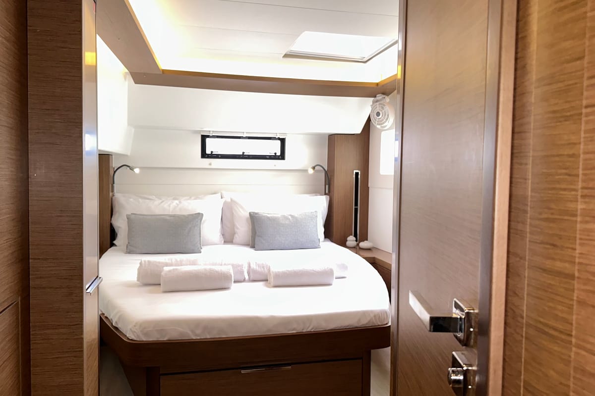 Deck of Sbronzo, a Lagoon 46 catamaran at Olbia, Italy