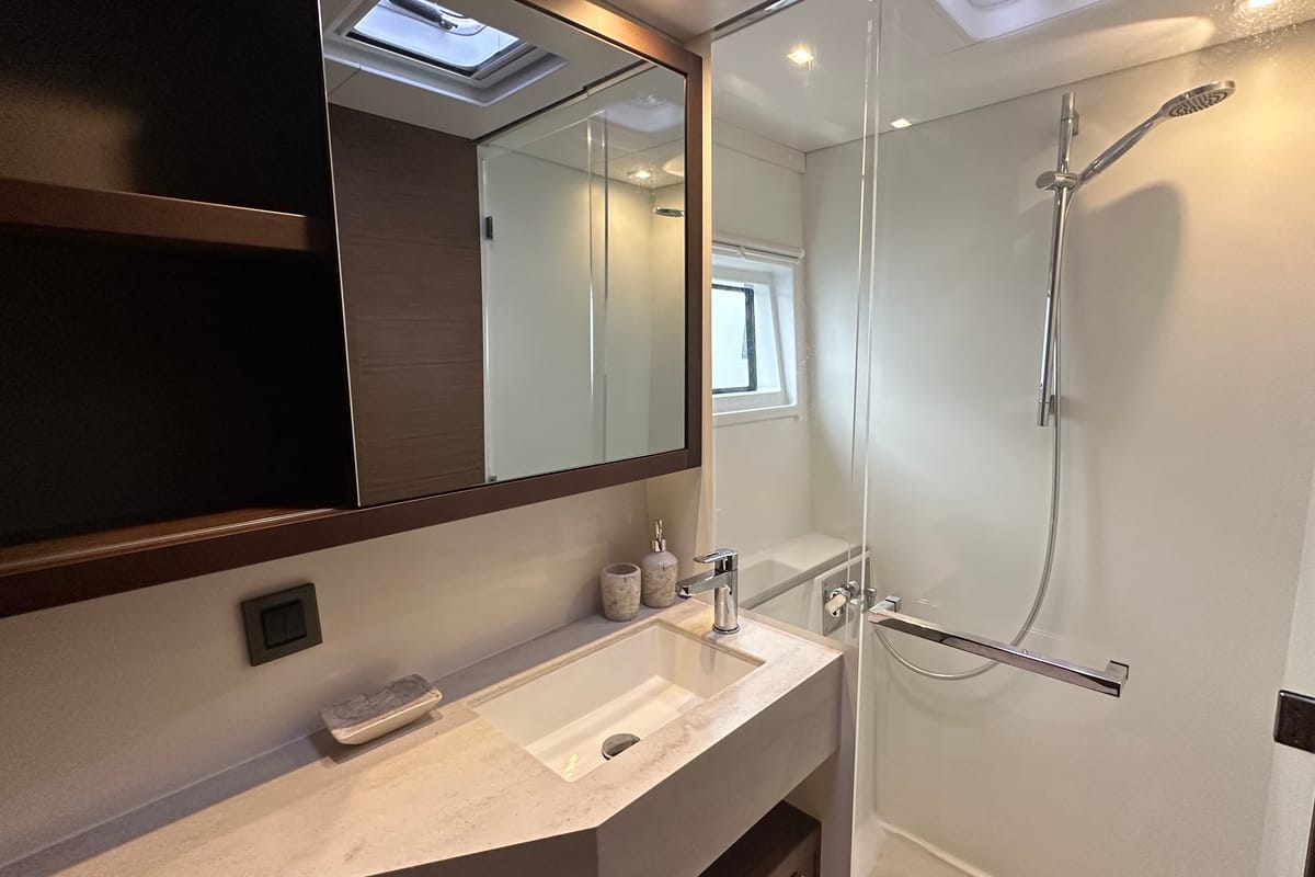 Salon of Sbronzo, a Lagoon 46 catamaran at Olbia, Italy
