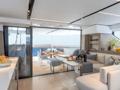 Salon of Sunsail 465 Premium Plus, a Leopard 46 catamaran at Municipal Unit of Lefkada, Greece