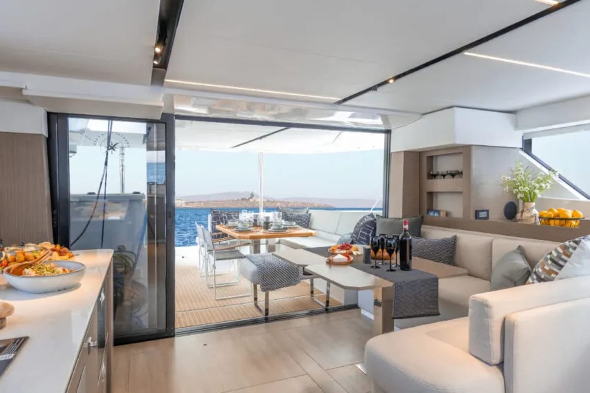 Salon of Sunsail 465 Premium Plus, a Leopard 46 catamaran at Municipal Unit of Lefkada, Greece