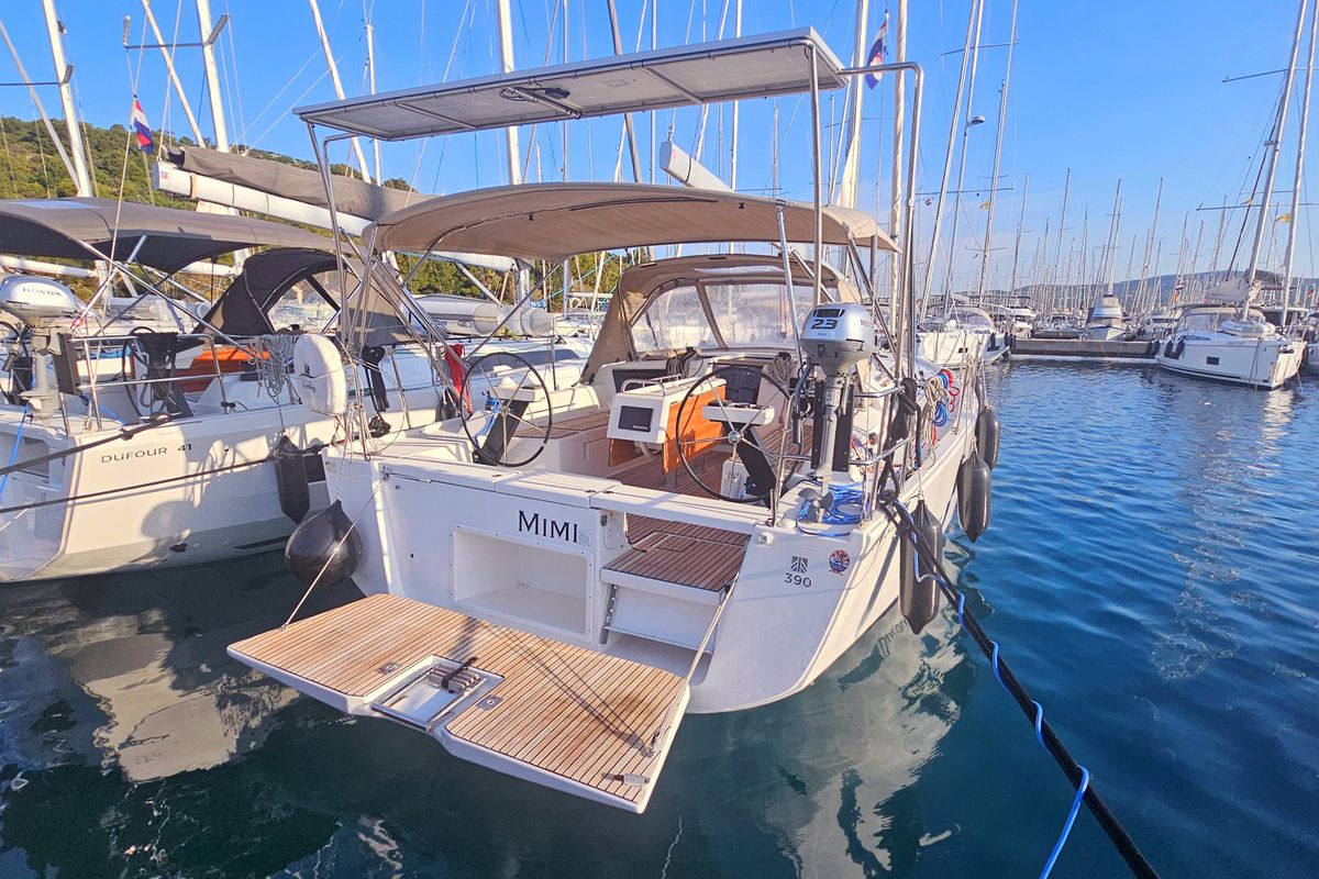 Exterior view of Mimi, a Dufour 390 GL sailboat at Općina Rogoznica, Croatia