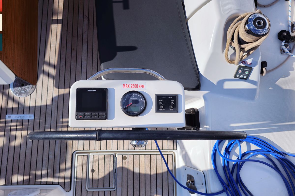 Cockpit of Mimi, a Dufour 390 GL sailboat at Općina Rogoznica, Croatia