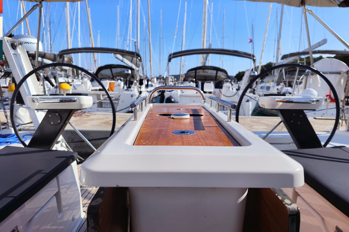 Cockpit of Mimi, a Dufour 390 GL sailboat at Općina Rogoznica, Croatia