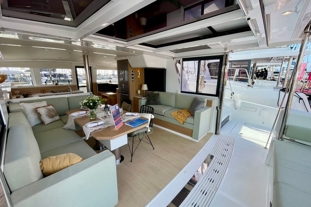 Salon of Zéphire II, a Bali 4.2 catamaran at Saint-Mandrier-sur-Mer, France