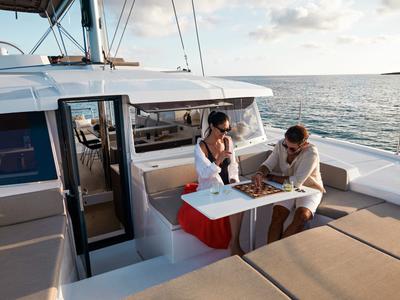 Deck of Zéphire II, a Bali 4.2 catamaran at Saint-Mandrier-sur-Mer, France