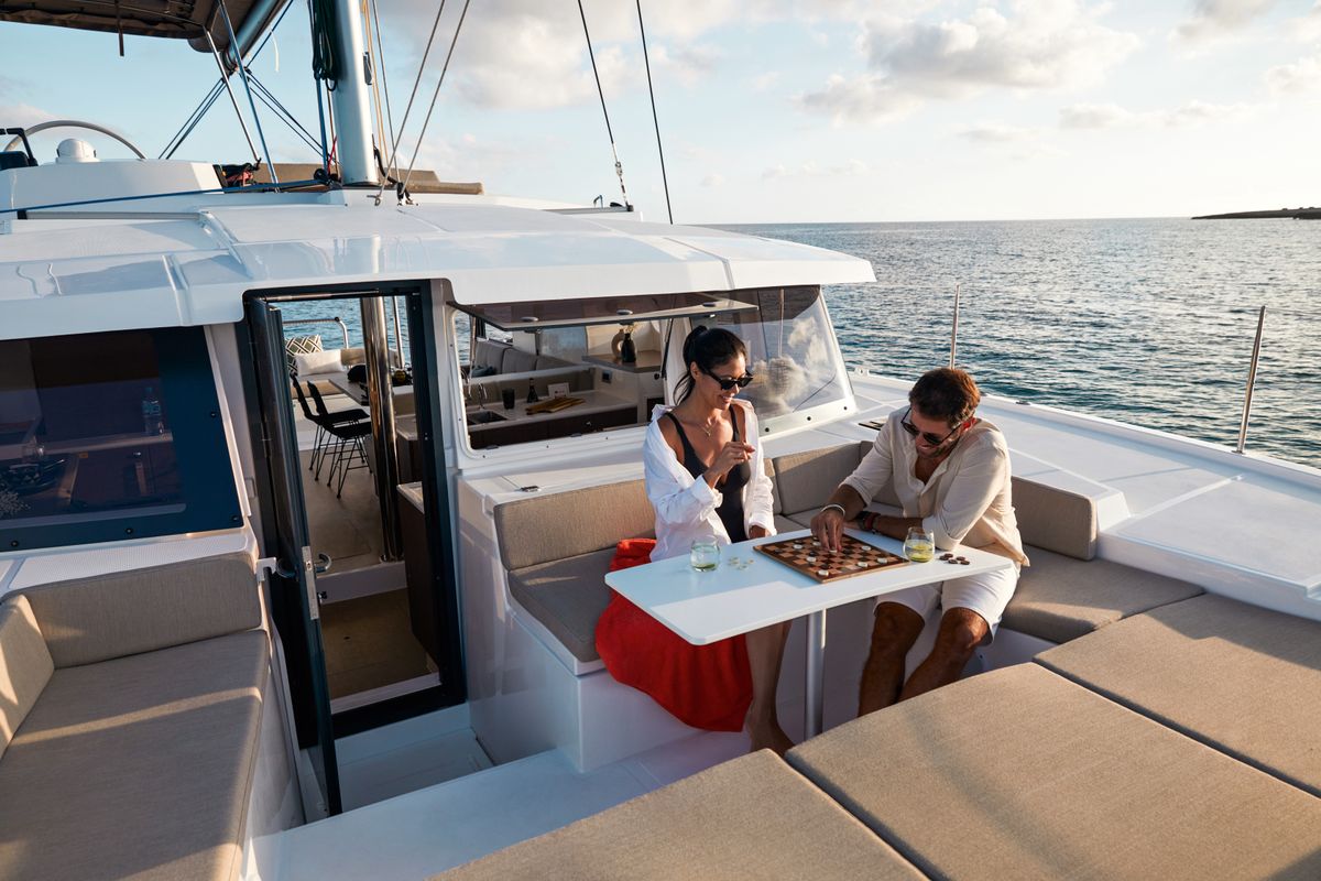 Deck of Zéphire II, a Bali 4.2 catamaran at Saint-Mandrier-sur-Mer, France