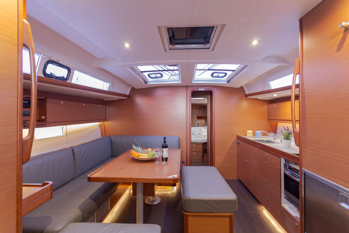 Salon of Wilma, a Dufour 460 Grand Large sailboat at Preveza, Greece