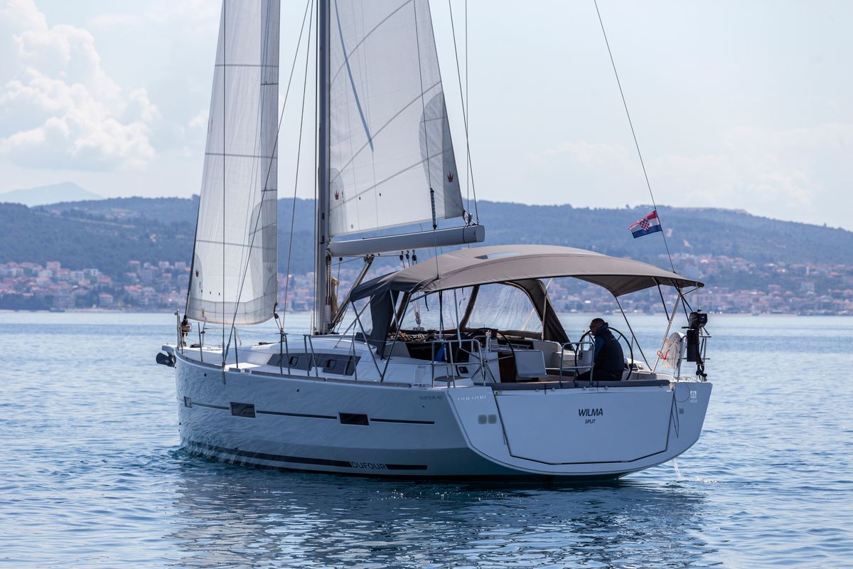 Exterior view of Wilma, a Dufour 460 Grand Large sailboat at Preveza, Greece