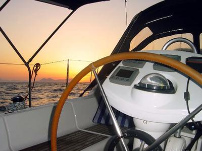 Cockpit of ALKI, a Jeanneau Sun Odyssey 37 sailboat at Municipal Unit of Lefkada, Greece