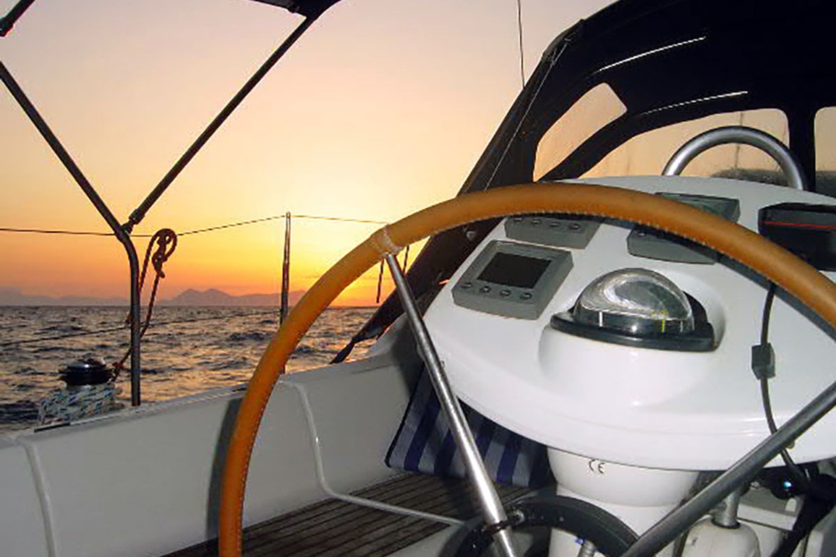 Cockpit of ALKI, a Jeanneau Sun Odyssey 37 sailboat at Municipal Unit of Lefkada, Greece