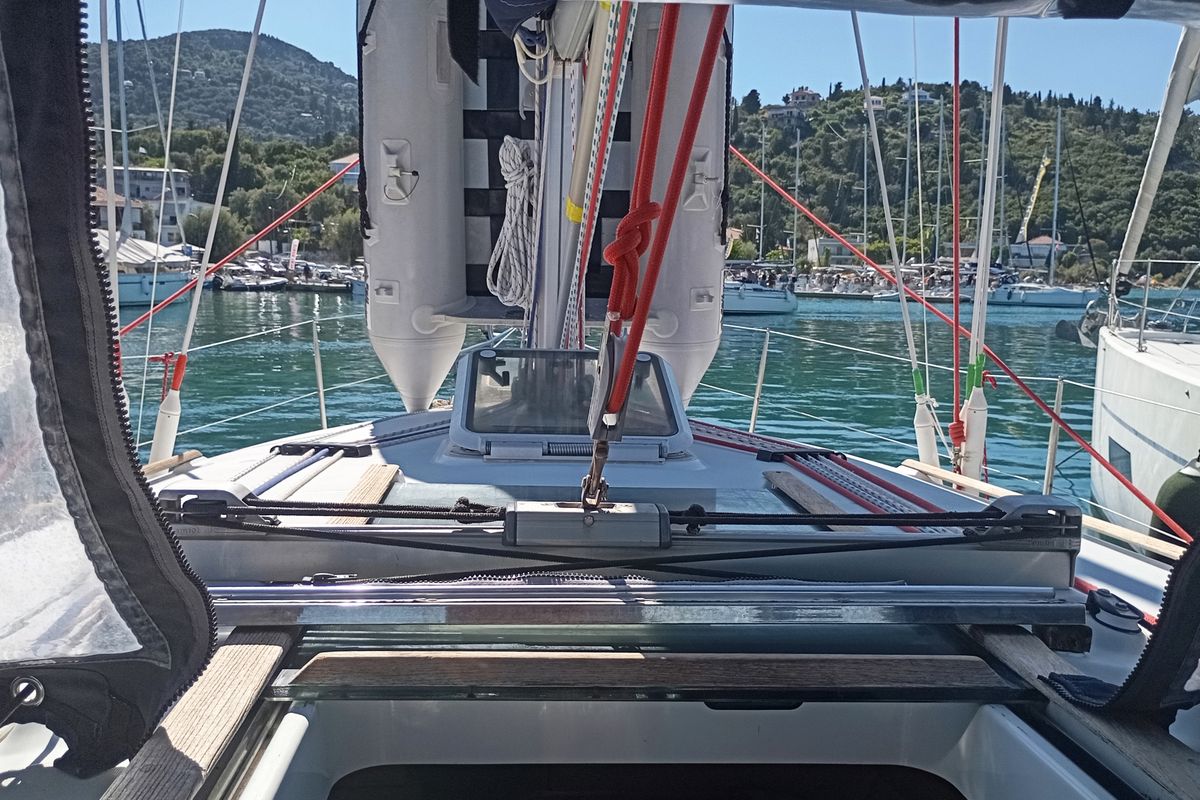 Deck of ALKI, a Jeanneau Sun Odyssey 37 sailboat at Municipal Unit of Lefkada, Greece