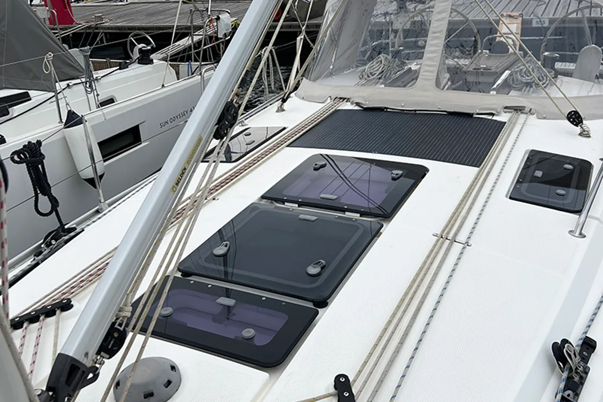 Deck of Jugo, a Bavaria Cruiser 37 sailboat at Punat, Croatia