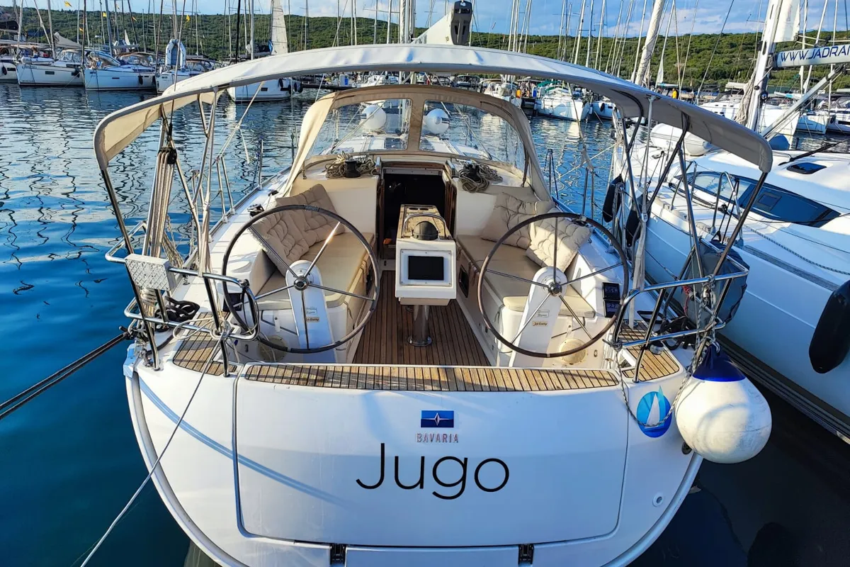 Exterior view of Jugo, a Bavaria Cruiser 37 sailboat at Punat, Croatia