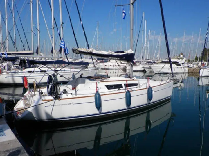 Exterior view of King Julian, a Jeanneau Sun Odyssey 36i sailboat at Municipal Unit of Lefkada, Greece