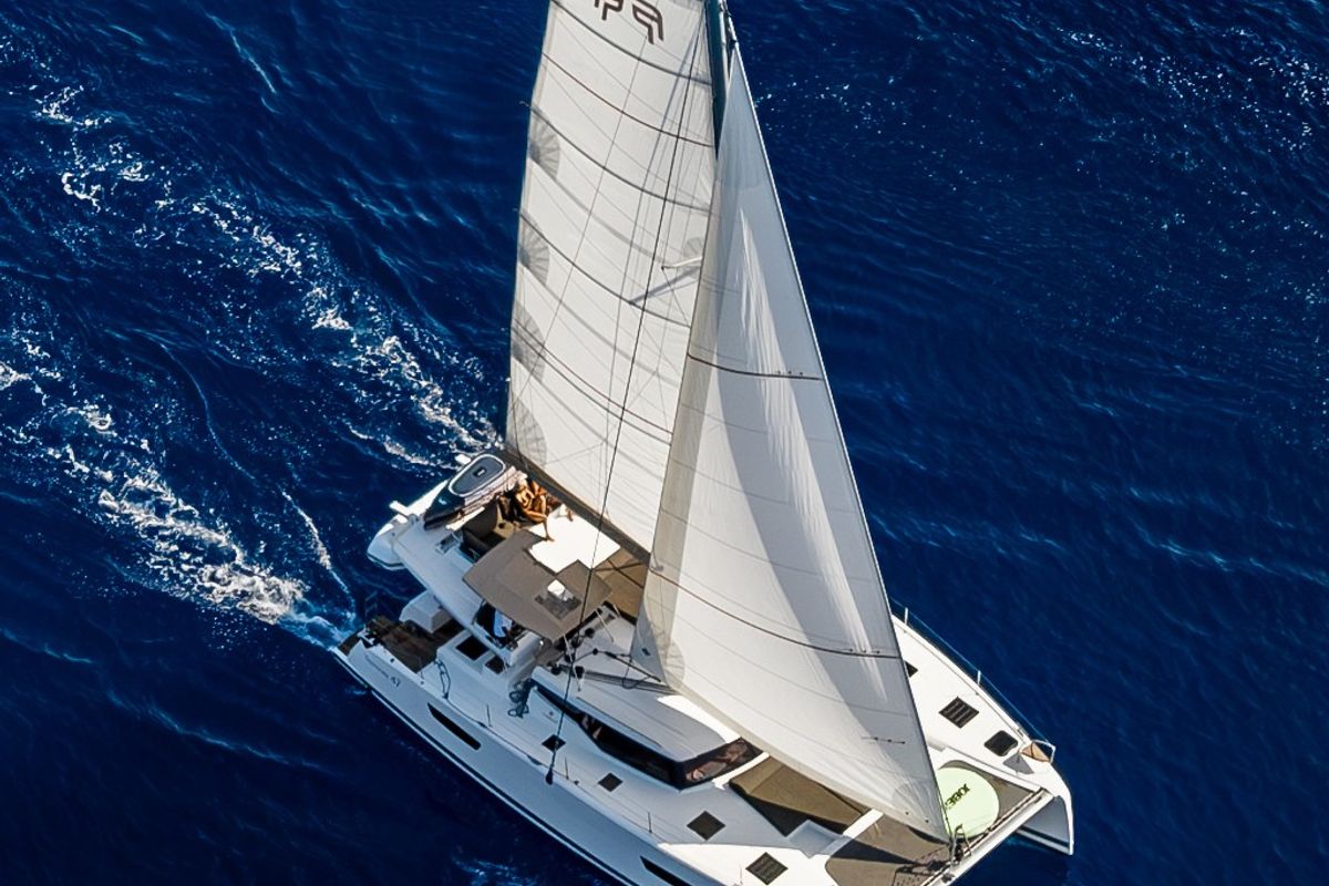 Exterior view of EQUINOX, a Fountaine Pajot Tanna 47 catamaran at Municipal Unit of Lefkada, Greece