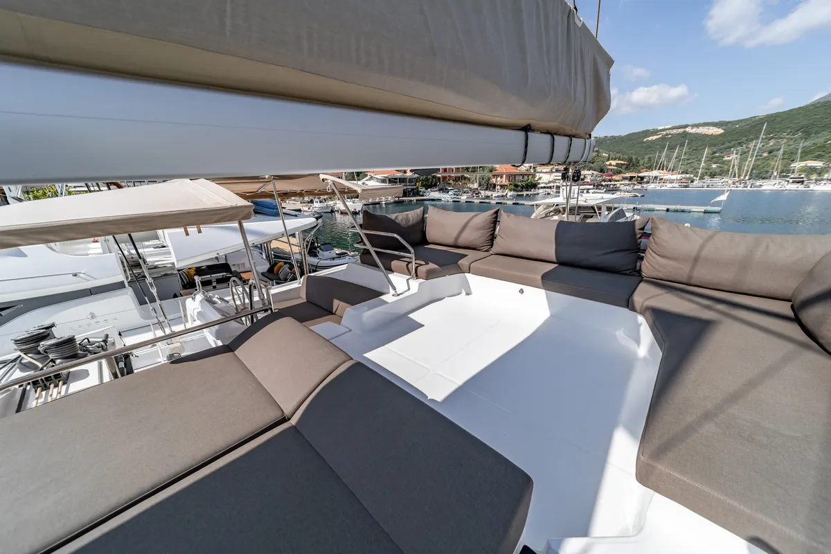 Deck of EQUINOX, a Fountaine Pajot Tanna 47 catamaran at Municipal Unit of Lefkada, Greece