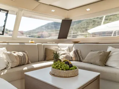 Salon of EQUINOX, a Fountaine Pajot Tanna 47 catamaran at Municipal Unit of Lefkada, Greece