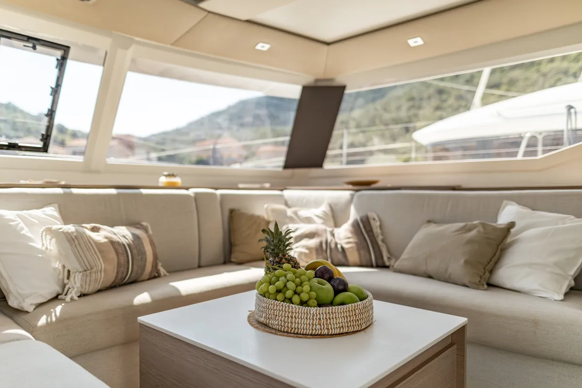 Salon of EQUINOX, a Fountaine Pajot Tanna 47 catamaran at Municipal Unit of Lefkada, Greece
