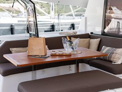 Deck of EQUINOX, a Fountaine Pajot Tanna 47 catamaran at Municipal Unit of Lefkada, Greece