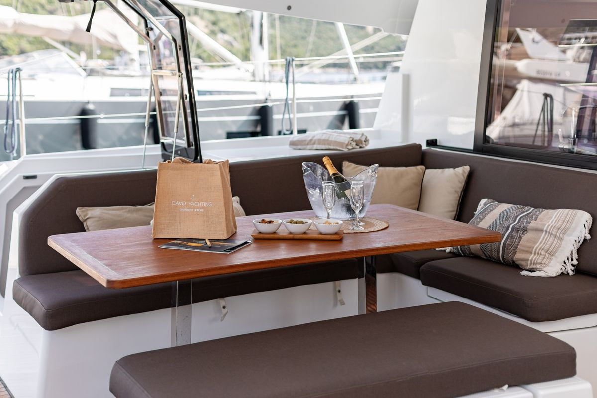 Deck of EQUINOX, a Fountaine Pajot Tanna 47 catamaran at Municipal Unit of Lefkada, Greece