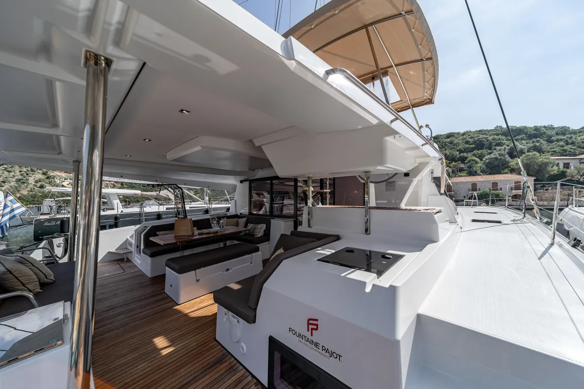 Deck of EQUINOX, a Fountaine Pajot Tanna 47 catamaran at Municipal Unit of Lefkada, Greece