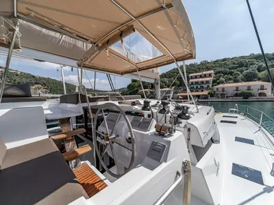 Cockpit of EQUINOX, a Fountaine Pajot Tanna 47 catamaran at Municipal Unit of Lefkada, Greece