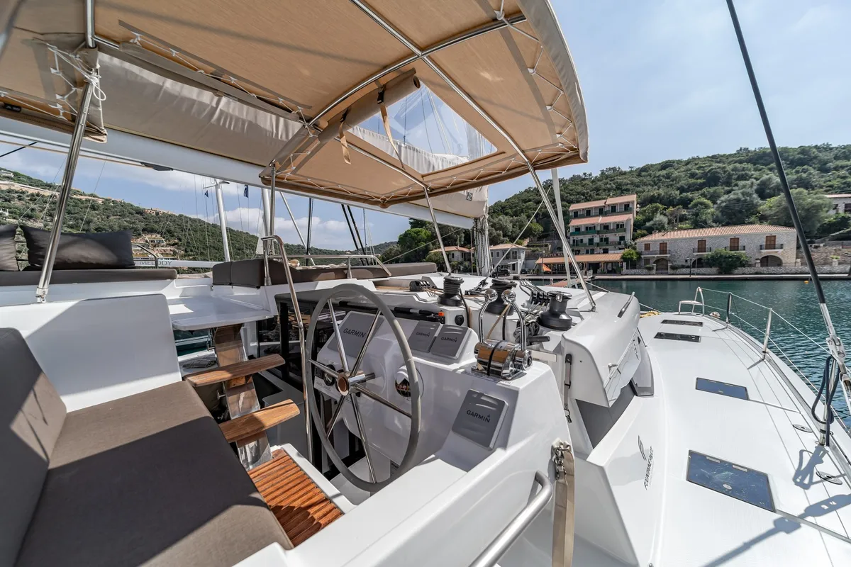 Cockpit of EQUINOX, a Fountaine Pajot Tanna 47 catamaran at Municipal Unit of Lefkada, Greece