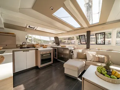 Galley of EQUINOX, a Fountaine Pajot Tanna 47 catamaran at Municipal Unit of Lefkada, Greece