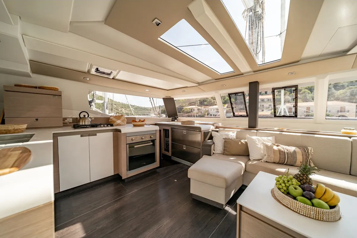 Galley of EQUINOX, a Fountaine Pajot Tanna 47 catamaran at Municipal Unit of Lefkada, Greece