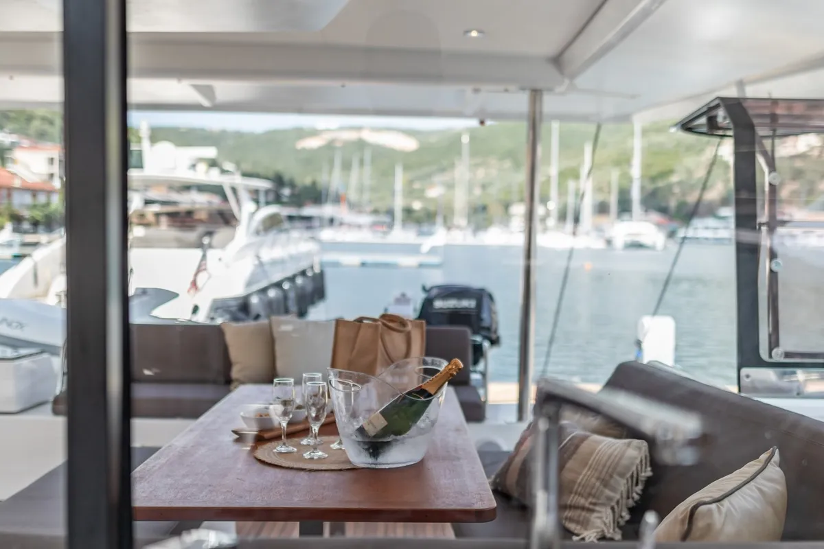 Deck of EQUINOX, a Fountaine Pajot Tanna 47 catamaran at Municipal Unit of Lefkada, Greece