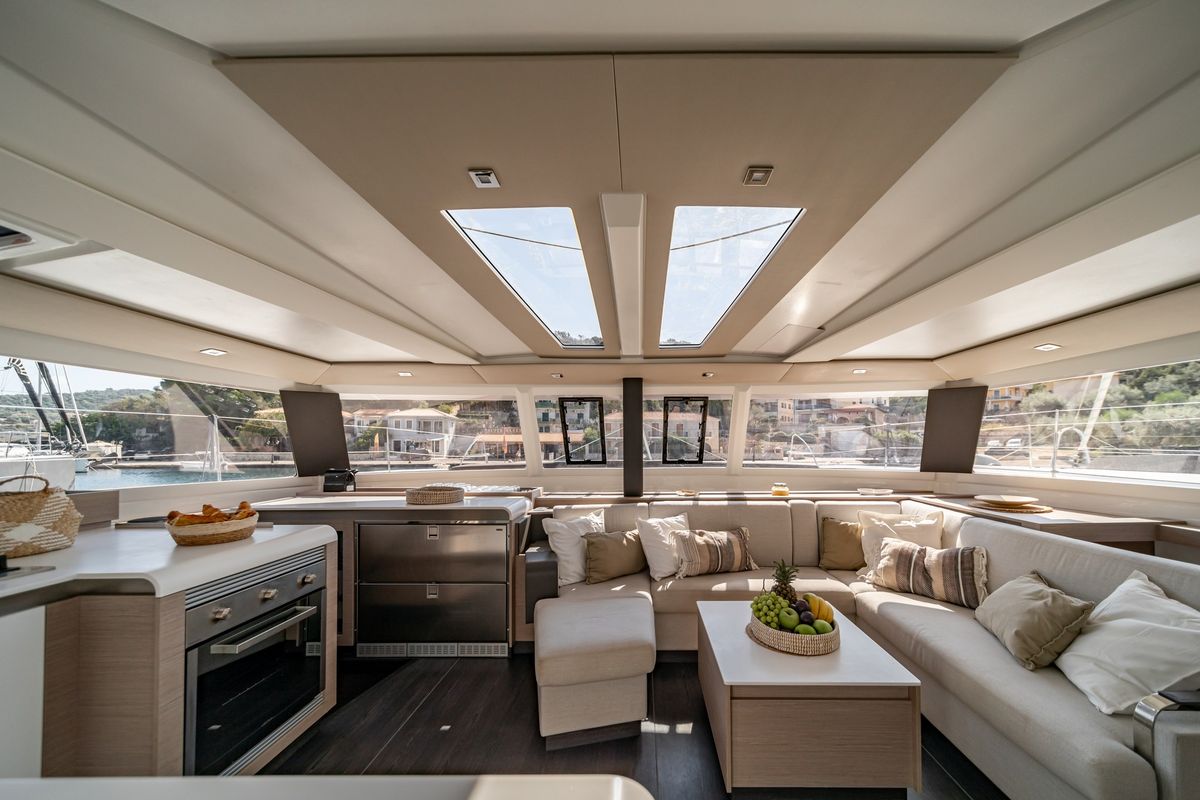Salon of EQUINOX, a Fountaine Pajot Tanna 47 catamaran at Municipal Unit of Lefkada, Greece
