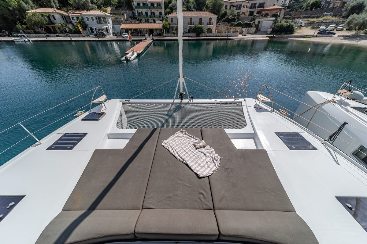 Deck of EQUINOX, a Fountaine Pajot Tanna 47 catamaran at Municipal Unit of Lefkada, Greece