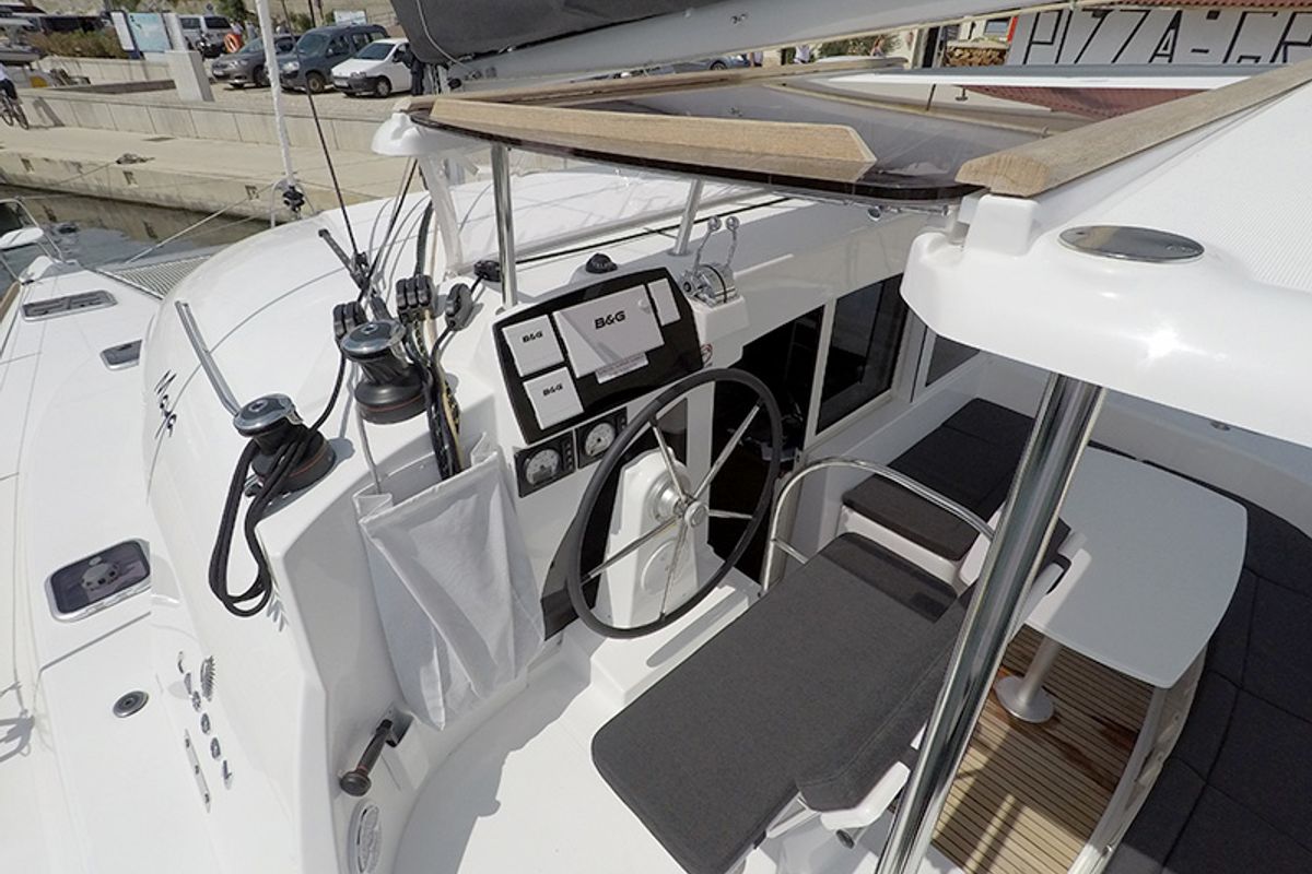Cockpit of Maya, a Lagoon 380 catamaran at Grad Šibenik, Croatia