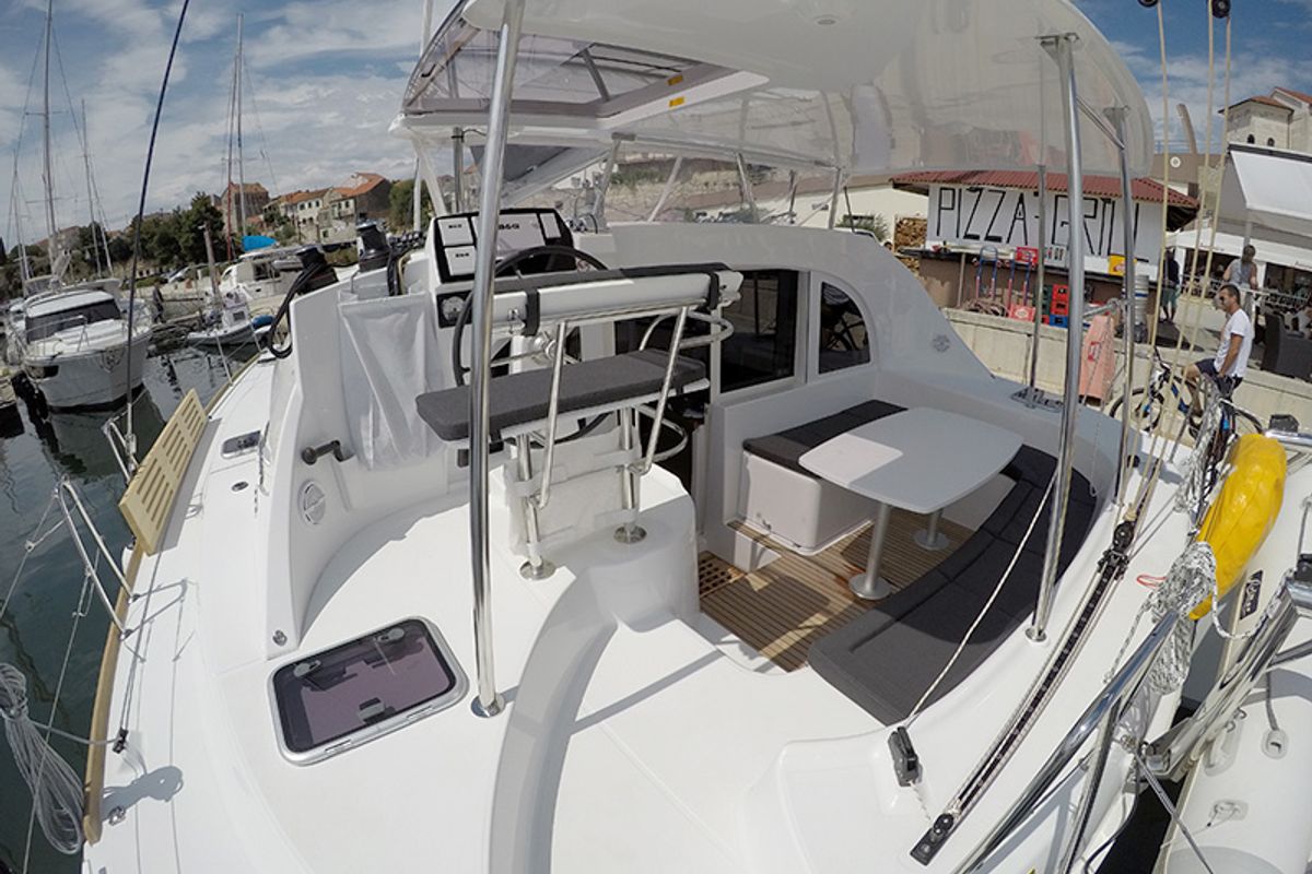 Cockpit of Maya, a Lagoon 380 catamaran at Grad Šibenik, Croatia