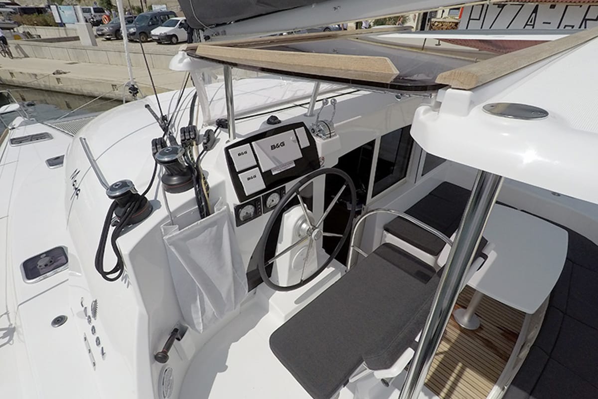 Cockpit of Maya, a Lagoon 380 catamaran at Grad Šibenik, Croatia